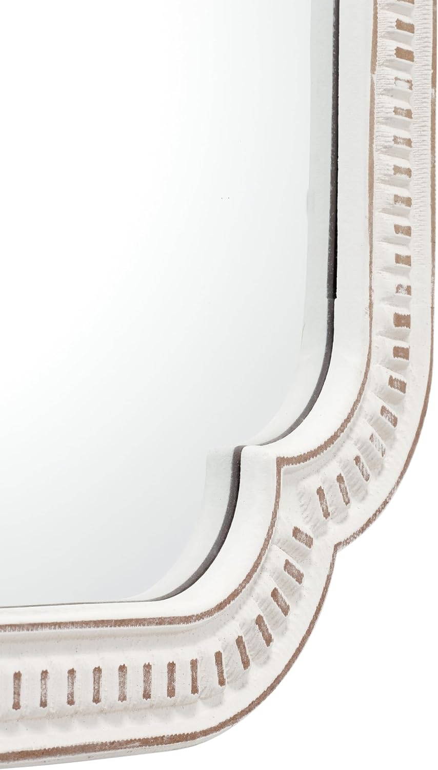 Rustic White Mirrors for Bathroom 24 X 36, Hanging Distressed Finish Carved Wood Scalloped Farmhouse Wall Mirror, Decorative Arched Corner Vintage Mirror, Boho Rectangular Mirrors